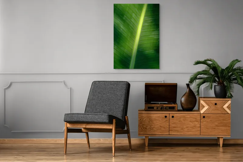 Tablou Canvas, "Frunza luminată de soare blând", Verde, Lumină, Textură, Natură, Nervuri, Frunză, Strălucire, Vitalitate, 70 x 100 cm – poza 6