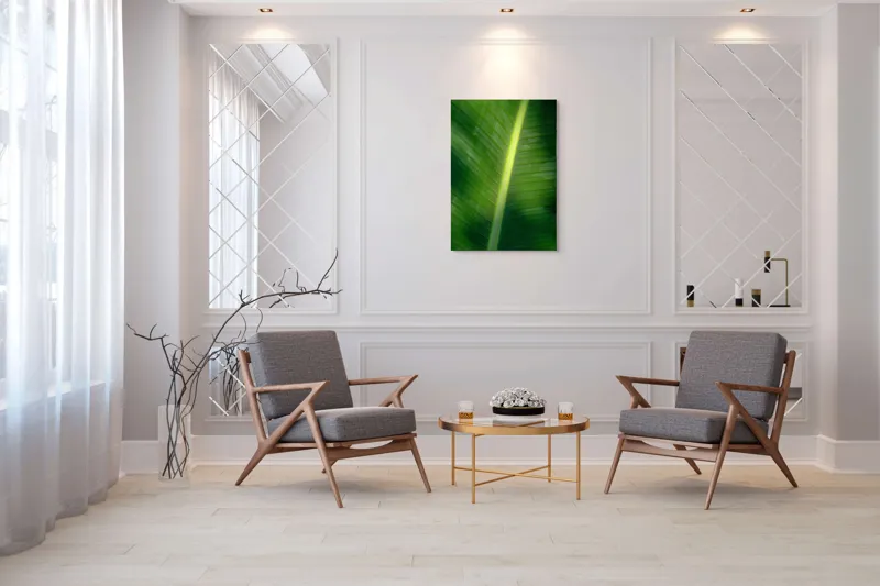 Tablou Canvas, "Frunza luminată de soare blând", Verde, Lumină, Textură, Natură, Nervuri, Frunză, Strălucire, Vitalitate, 70 x 100 cm – poza 8