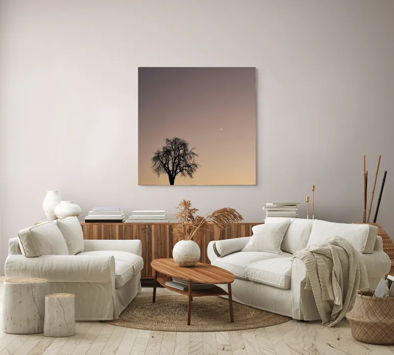 Tablou Canvas, "Luna și copacul singuratic", Copac, Asfințit, Siluetă, Cer, Semilună, Peisaj, Liniște, Seară, 100 x 100 cm – poza 3