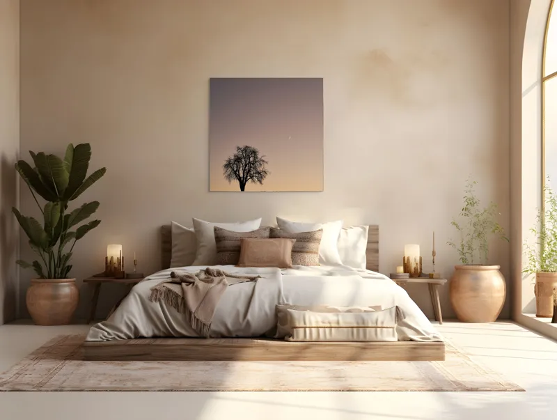 Tablou Canvas, "Luna și copacul singuratic", Copac, Asfințit, Siluetă, Cer, Semilună, Peisaj, Liniște, Seară, 100 x 100 cm – poza 4