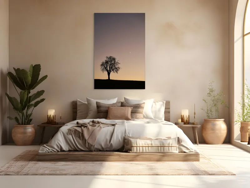 Tablou Canvas, "Luna și copacul singuratic", Copac, Asfințit, Siluetă, Cer, Semilună, Peisaj, Liniște, Seară, 100 x 150 cm – poza 3