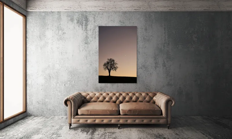 Tablou Canvas, "Luna și copacul singuratic", Copac, Asfințit, Siluetă, Cer, Semilună, Peisaj, Liniște, Seară, 100 x 150 cm – poza 6