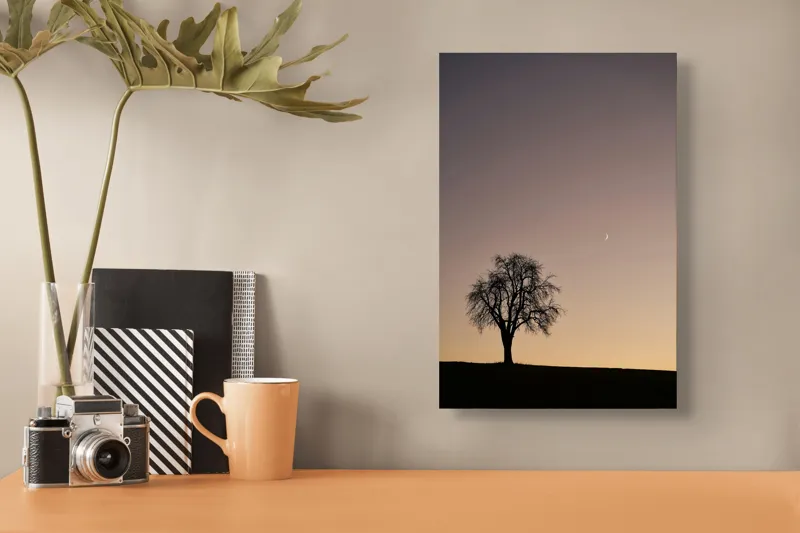 Tablou Canvas, "Luna și copacul singuratic", Copac, Asfințit, Siluetă, Cer, Semilună, Peisaj, Liniște, Seară, 26 x 39 cm – poza 3