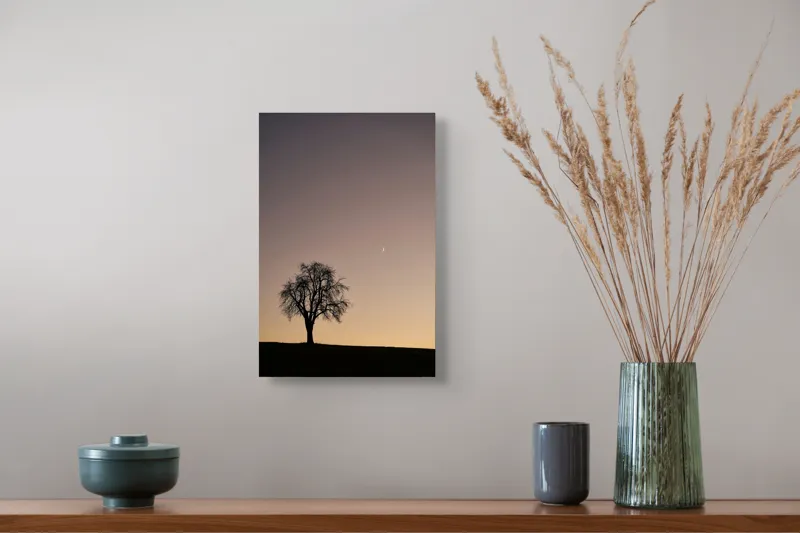 Tablou Canvas, "Luna și copacul singuratic", Copac, Asfințit, Siluetă, Cer, Semilună, Peisaj, Liniște, Seară, 26 x 39 cm – poza 5