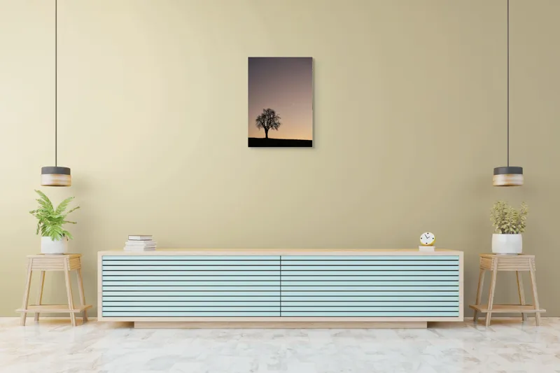 Tablou Canvas, "Luna și copacul singuratic", Copac, Asfințit, Siluetă, Cer, Semilună, Peisaj, Liniște, Seară, 50 x 70 cm – poza 6
