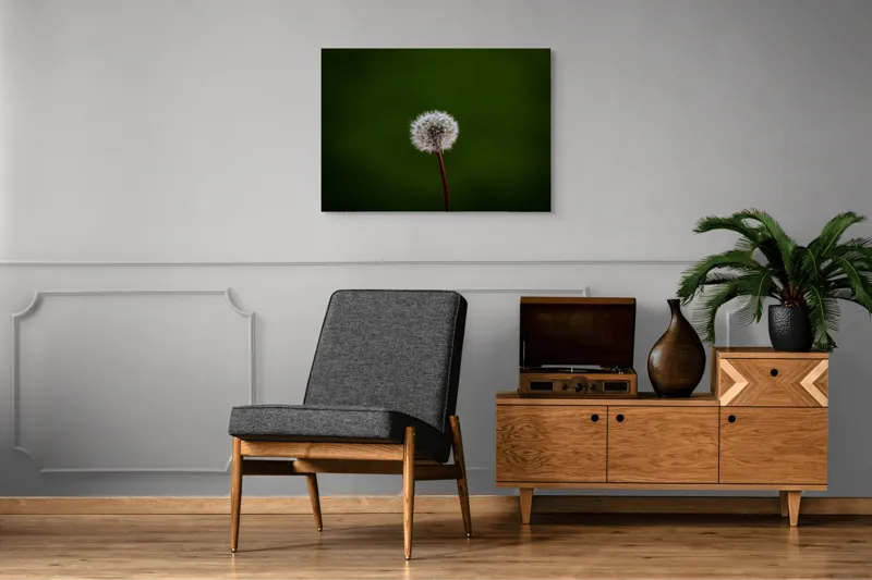 Tablou Canvas, "Puf de păpădie în bătaia vântului", Pufoasă, Delicată, Fragilă, Etereală, Simplă, Solitară, Contrastantă, Mică, 100 x 70 cm – poza 8