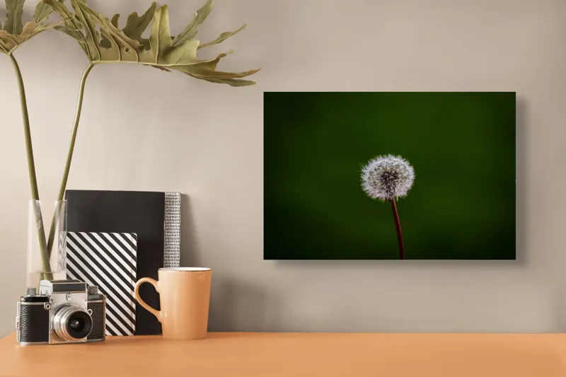 Tablou Canvas, "Puf de păpădie în bătaia vântului", Pufoasă, Delicată, Fragilă, Etereală, Simplă, Solitară, Contrastantă, Mică, 39 x 26 cm – poza 3