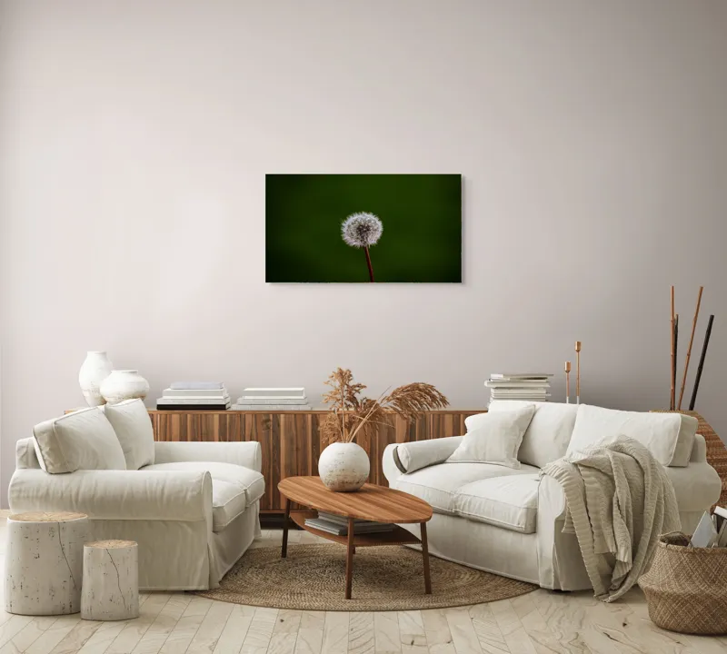 Tablou Canvas, "Puf de păpădie în bătaia vântului", Pufoasă, Delicată, Fragilă, Etereală, Simplă, Solitară, Contrastantă, Mică, 90 x 50 cm – poza 4