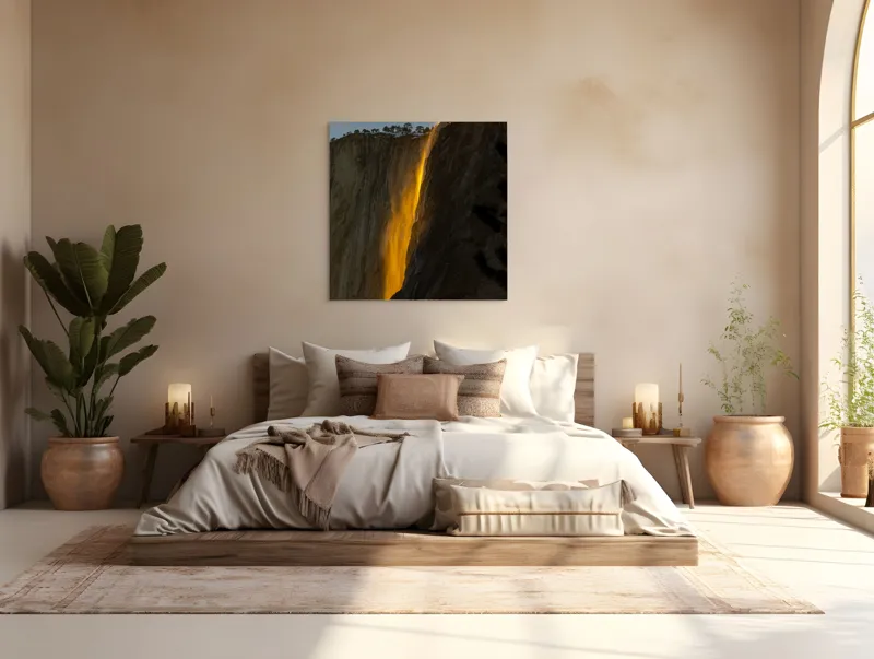 Tablou Canvas, "Cascada aurie în amurgul serii", Apus, Cascadă, Aurie, Spectacol, Nisip, Strălucire, Stâncă, Natură, Magie, 100 x 100 cm – poza 4