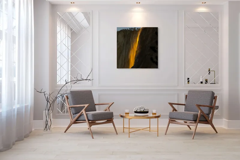 Tablou Canvas, "Cascada aurie în amurgul serii", Apus, Cascadă, Aurie, Spectacol, Nisip, Strălucire, Stâncă, Natură, Magie, 100 x 100 cm – poza 7