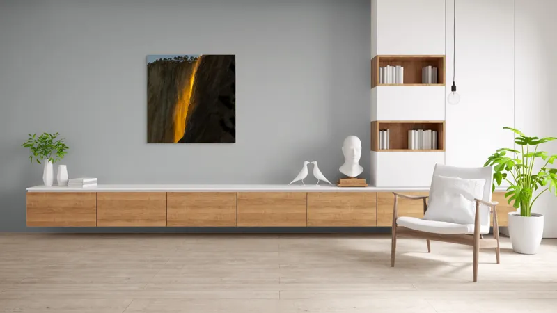 Tablou Canvas, "Cascada aurie în amurgul serii", Apus, Cascadă, Aurie, Spectacol, Nisip, Strălucire, Stâncă, Natură, Magie, 100 x 100 cm – poza 8