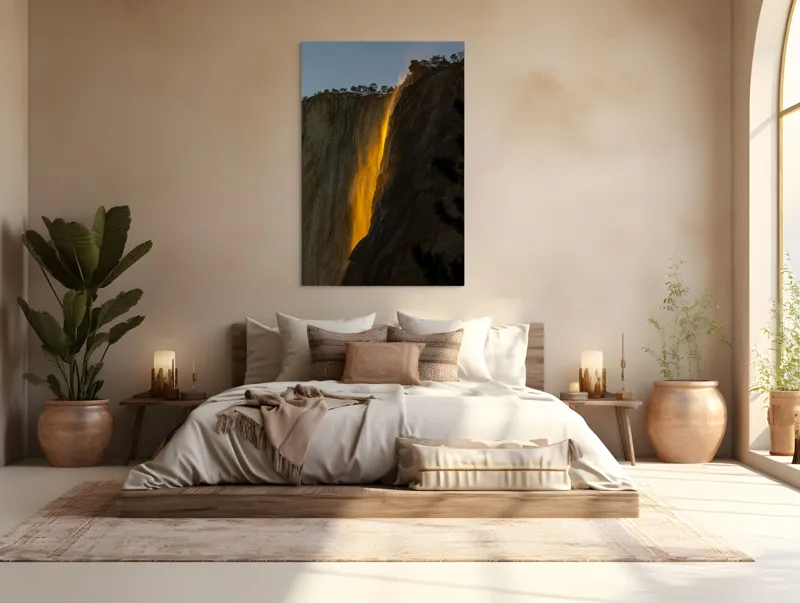 Tablou Canvas, "Cascada aurie în amurgul serii", Apus, Cascadă, Aurie, Spectacol, Nisip, Strălucire, Stâncă, Natură, Magie, 100 x 150 cm – poza 3