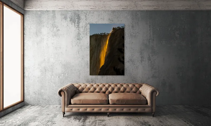 Tablou Canvas, "Cascada aurie în amurgul serii", Apus, Cascadă, Aurie, Spectacol, Nisip, Strălucire, Stâncă, Natură, Magie, 100 x 150 cm – poza 6