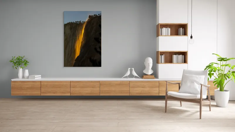 Tablou Canvas, "Cascada aurie în amurgul serii", Apus, Cascadă, Aurie, Spectacol, Nisip, Strălucire, Stâncă, Natură, Magie, 100 x 150 cm – poza 8
