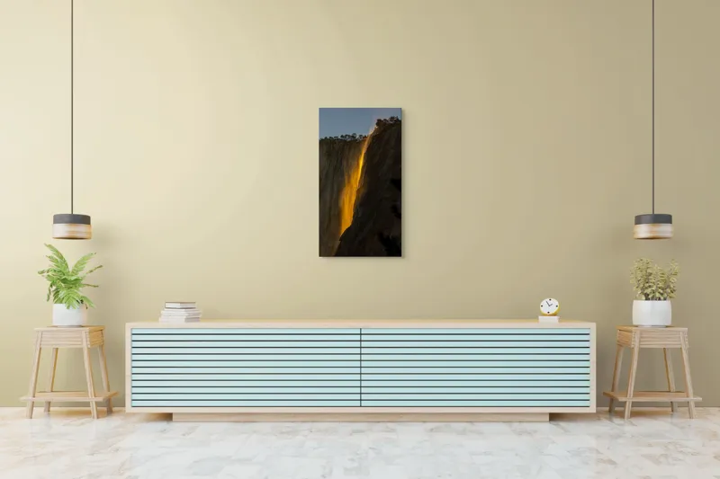 Tablou Canvas, "Cascada aurie în amurgul serii", Apus, Cascadă, Aurie, Spectacol, Nisip, Strălucire, Stâncă, Natură, Magie, 50 x 90 cm – poza 6