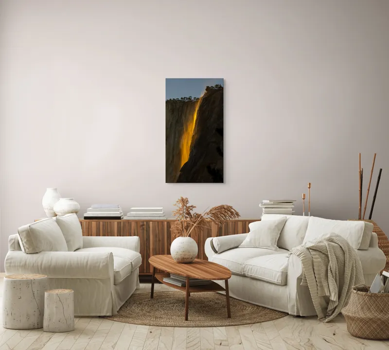 Tablou Canvas, "Cascada aurie în amurgul serii", Apus, Cascadă, Aurie, Spectacol, Nisip, Strălucire, Stâncă, Natură, Magie, 50 x 90 cm – poza 7