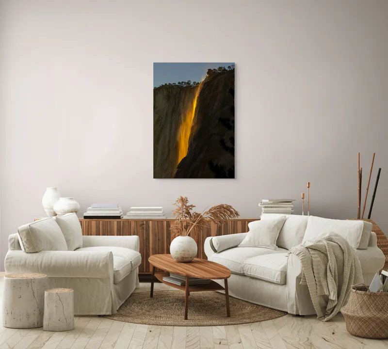 Tablou Canvas, "Cascada aurie în amurgul serii", Apus, Cascadă, Aurie, Spectacol, Nisip, Strălucire, Stâncă, Natură, Magie, 70 x 100 cm – poza 4