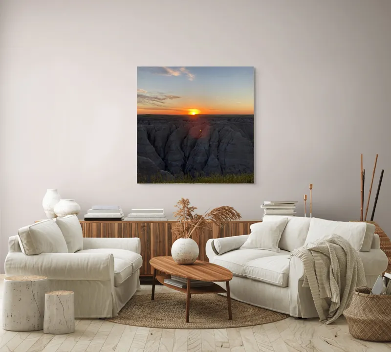 Tablou Canvas, "Apus peste formele sculptate ale naturii", Apus, Stânci, Cer, Orizont, Peisaj, Frumusețe, Natură., 100 x 100 cm – poza 3