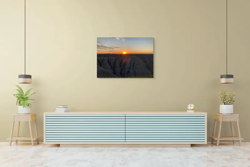 Tablou Canvas, "Apus peste formele sculptate ale naturii", Apus, Stânci, Cer, Orizont, Peisaj, Frumusețe, Natură., 100 x 70 cm – poza 4