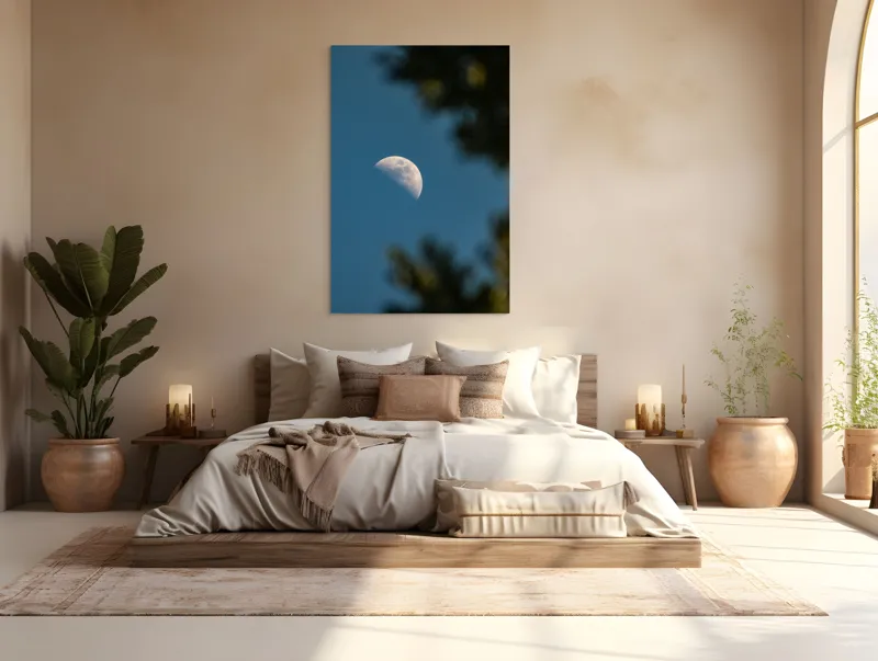 Tablou Canvas, "Luna printre ramuri întunecate", Lună, Cer, Umbre, Natură, Lumină, Seară, Mister, Calm, Frumusețe, Contrast, 100 x 150 cm – poza 3