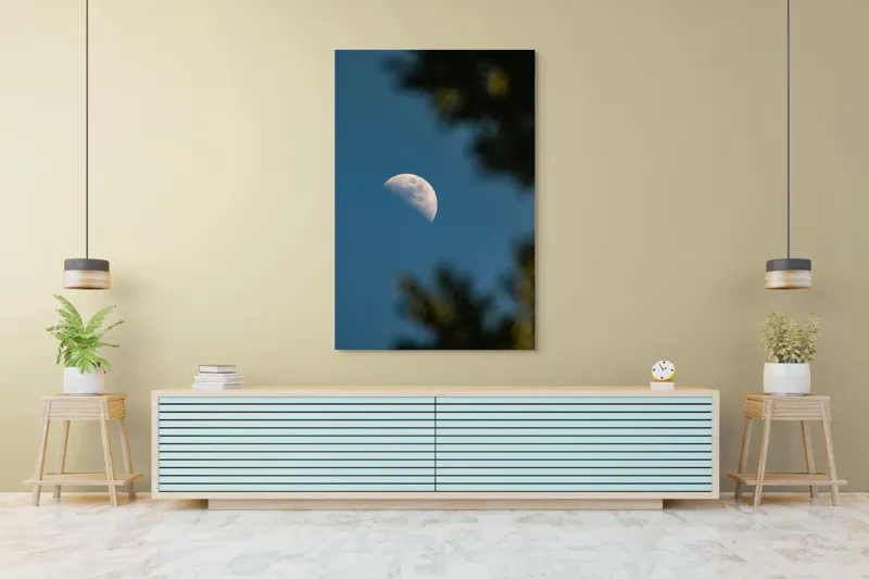 Tablou Canvas, "Luna printre ramuri întunecate", Lună, Cer, Umbre, Natură, Lumină, Seară, Mister, Calm, Frumusețe, Contrast, 100 x 150 cm – poza 4