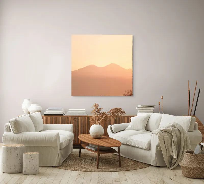 Tablou Canvas, "Lumina răsăritului peste munții liniștiți", Apus, Pădure, Siluete, Munți, Cer, Roz, Liniște, Natură, 100 x 100 cm – poza 3