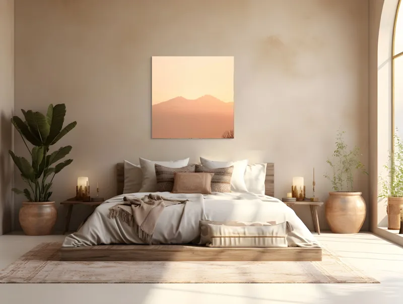 Tablou Canvas, "Lumina răsăritului peste munții liniștiți", Apus, Pădure, Siluete, Munți, Cer, Roz, Liniște, Natură, 100 x 100 cm – poza 4