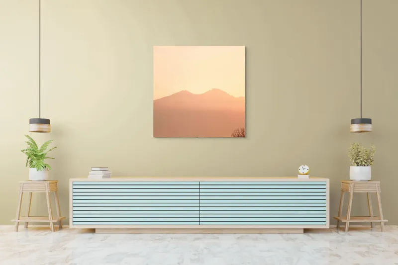 Tablou Canvas, "Lumina răsăritului peste munții liniștiți", Apus, Pădure, Siluete, Munți, Cer, Roz, Liniște, Natură, 100 x 100 cm – poza 5