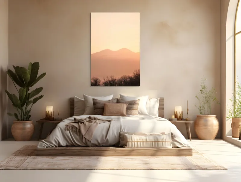 Tablou Canvas, "Lumina răsăritului peste munții liniștiți", Apus, Pădure, Siluete, Munți, Cer, Roz, Liniște, Natură, 100 x 150 cm – poza 3