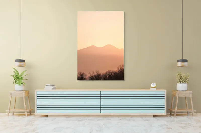 Tablou Canvas, "Lumina răsăritului peste munții liniștiți", Apus, Pădure, Siluete, Munți, Cer, Roz, Liniște, Natură, 100 x 150 cm – poza 4