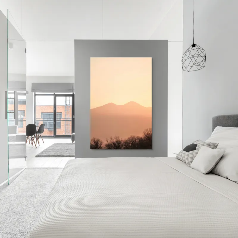 Tablou Canvas, "Lumina răsăritului peste munții liniștiți", Apus, Pădure, Siluete, Munți, Cer, Roz, Liniște, Natură, 100 x 150 cm – poza 5
