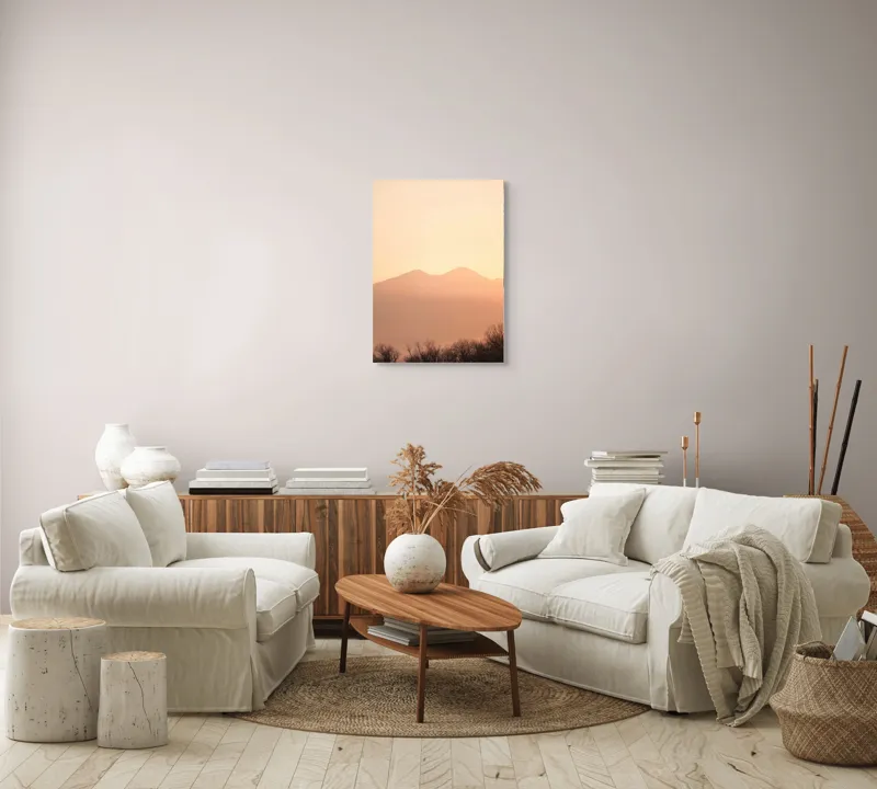 Tablou Canvas, "Lumina răsăritului peste munții liniștiți", Apus, Pădure, Siluete, Munți, Cer, Roz, Liniște, Natură, 50 x 70 cm – poza 4