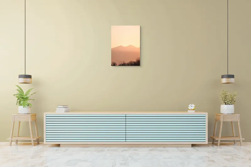Tablou Canvas, "Lumina răsăritului peste munții liniștiți", Apus, Pădure, Siluete, Munți, Cer, Roz, Liniște, Natură, 50 x 70 cm – poza 6