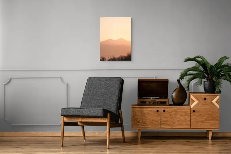 Tablou Canvas, "Lumina răsăritului peste munții liniștiți", Apus, Pădure, Siluete, Munți, Cer, Roz, Liniște, Natură, 50 x 70 cm – poza 8