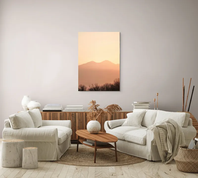 Tablou Canvas, "Lumina răsăritului peste munții liniștiți", Apus, Pădure, Siluete, Munți, Cer, Roz, Liniște, Natură, 70 x 100 cm – poza 4