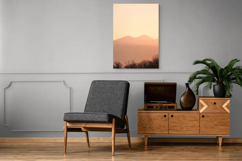 Tablou Canvas, "Lumina răsăritului peste munții liniștiți", Apus, Pădure, Siluete, Munți, Cer, Roz, Liniște, Natură, 70 x 100 cm – poza 6