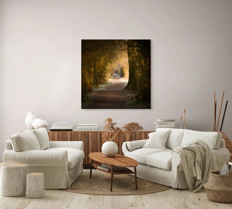 Tablou Canvas, "Poteca fermecată prin pădurea tăcută", Drum, Pădure, Lumină, Umbre, Natură, Mister, Copaci, Tunel., 100 x 100 cm – poza 3