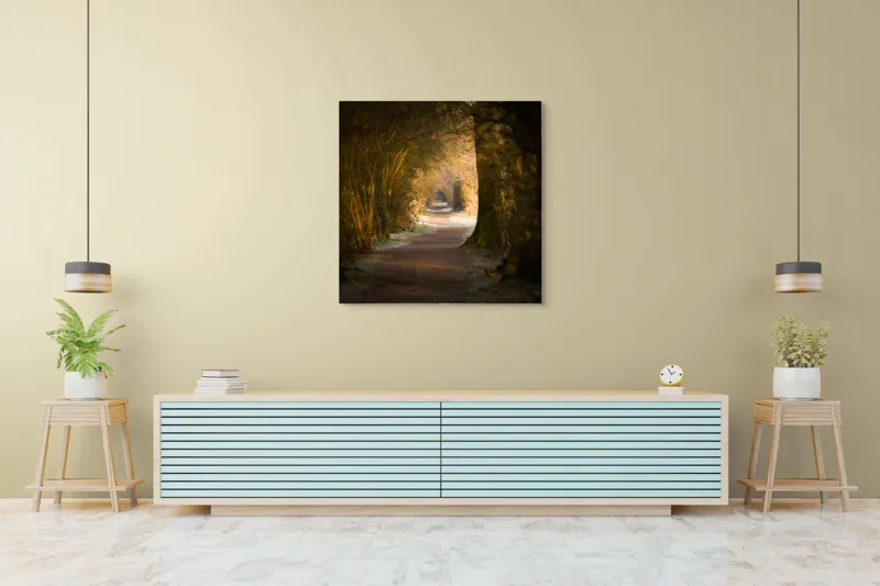 Tablou Canvas, "Poteca fermecată prin pădurea tăcută", Drum, Pădure, Lumină, Umbre, Natură, Mister, Copaci, Tunel., 100 x 100 cm – poza 5