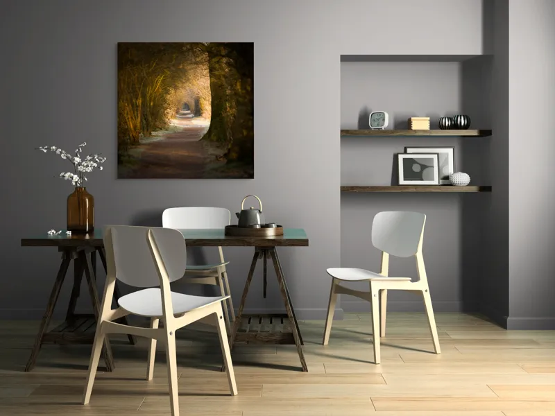 Tablou Canvas, "Poteca fermecată prin pădurea tăcută", Drum, Pădure, Lumină, Umbre, Natură, Mister, Copaci, Tunel., 100 x 100 cm – poza 6