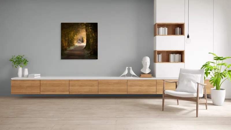 Tablou Canvas, "Poteca fermecată prin pădurea tăcută", Drum, Pădure, Lumină, Umbre, Natură, Mister, Copaci, Tunel., 100 x 100 cm – poza 8