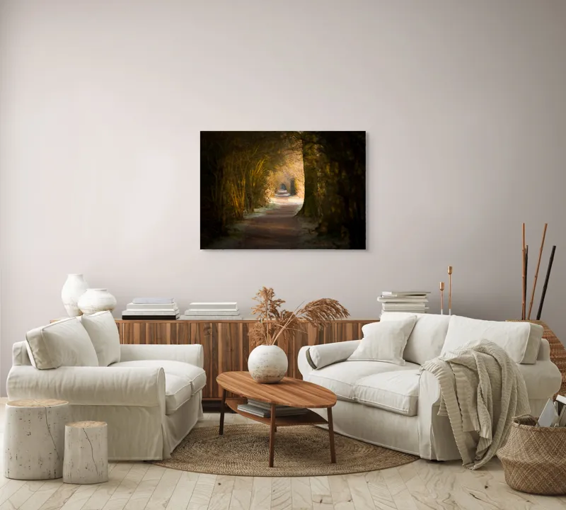 Tablou Canvas, "Poteca fermecată prin pădurea tăcută", Drum, Pădure, Lumină, Umbre, Natură, Mister, Copaci, Tunel., 100 x 70 cm – poza 3
