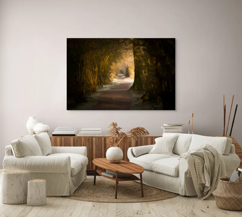 Tablou Canvas, "Poteca fermecată prin pădurea tăcută", Drum, Pădure, Lumină, Umbre, Natură, Mister, Copaci, Tunel., 150 x 100 cm – poza 3