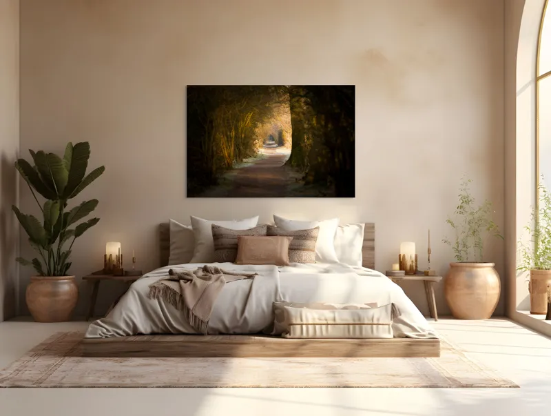 Tablou Canvas, "Poteca fermecată prin pădurea tăcută", Drum, Pădure, Lumină, Umbre, Natură, Mister, Copaci, Tunel., 150 x 100 cm – poza 4