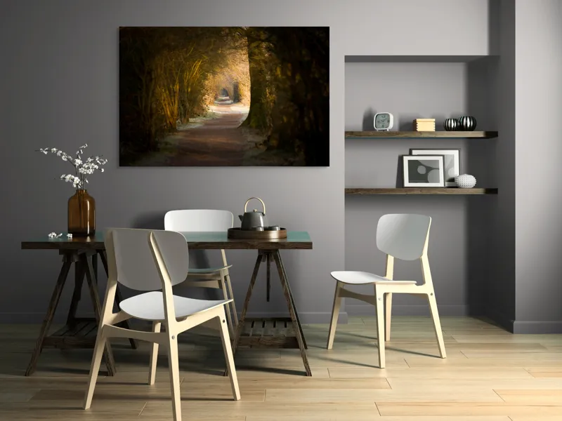 Tablou Canvas, "Poteca fermecată prin pădurea tăcută", Drum, Pădure, Lumină, Umbre, Natură, Mister, Copaci, Tunel., 150 x 100 cm – poza 5