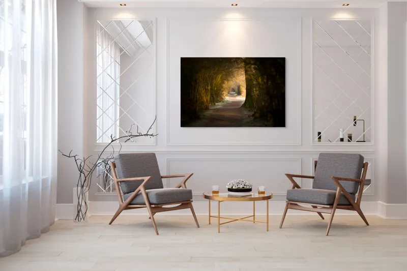 Tablou Canvas, "Poteca fermecată prin pădurea tăcută", Drum, Pădure, Lumină, Umbre, Natură, Mister, Copaci, Tunel., 150 x 100 cm – poza 7
