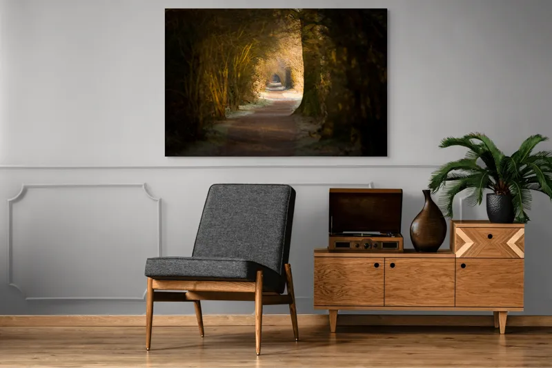 Tablou Canvas, "Poteca fermecată prin pădurea tăcută", Drum, Pădure, Lumină, Umbre, Natură, Mister, Copaci, Tunel., 150 x 100 cm – poza 8