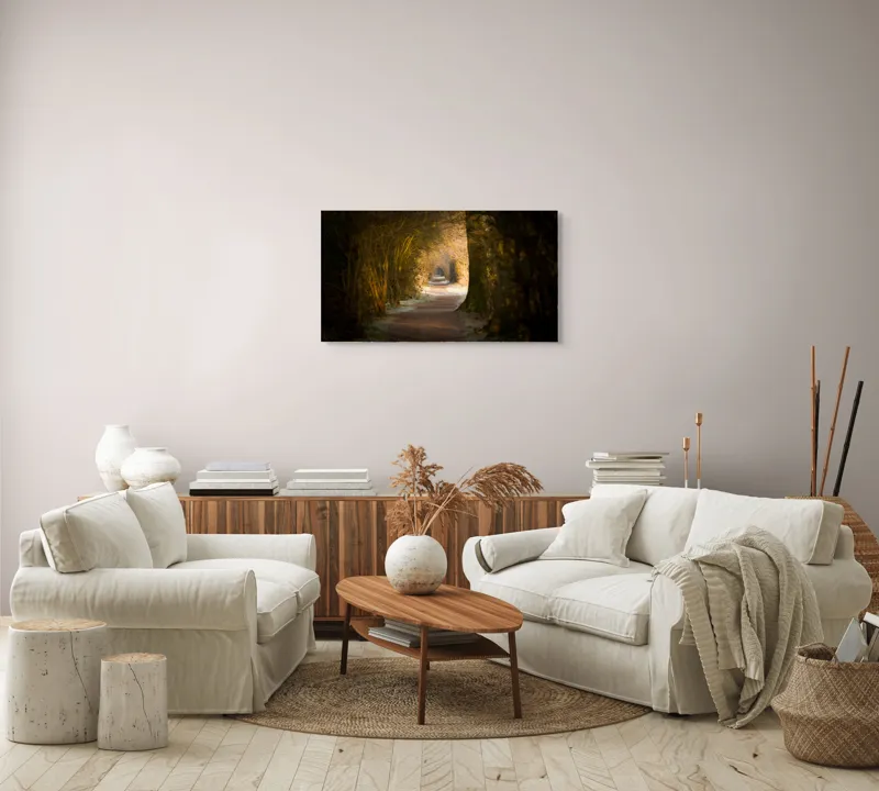 Tablou Canvas, "Poteca fermecată prin pădurea tăcută", Drum, Pădure, Lumină, Umbre, Natură, Mister, Copaci, Tunel., 90 x 50 cm – poza 4