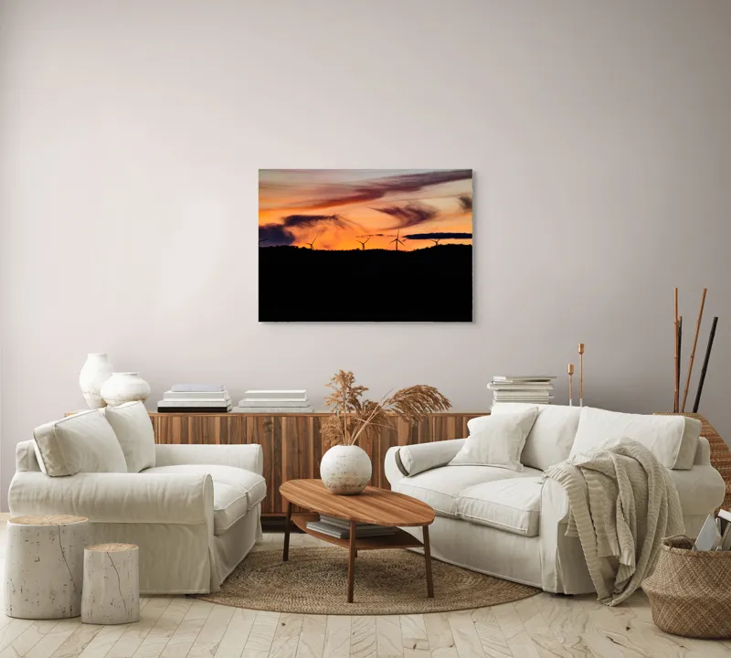 Tablou Canvas, "Apus vibrant peste turbine eoliene", Apus, Vânt, Siluete, Energie, Cer, Natură, Peisaj, 100 x 70 cm – poza 3