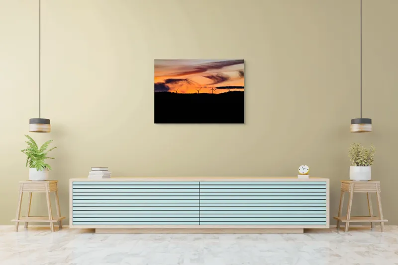 Tablou Canvas, "Apus vibrant peste turbine eoliene", Apus, Vânt, Siluete, Energie, Cer, Natură, Peisaj, 100 x 70 cm – poza 4