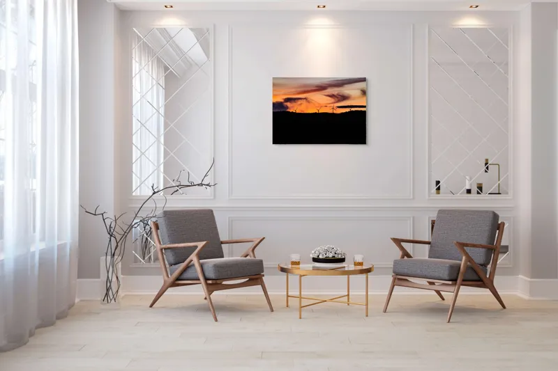 Tablou Canvas, "Apus vibrant peste turbine eoliene", Apus, Vânt, Siluete, Energie, Cer, Natură, Peisaj, 100 x 70 cm – poza 5